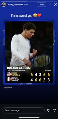 Trinity Rodman's Instagram Story following boyfriend Ben Shelton's first-round win at the 2025 French Open (Source: Instagram/trinity_rodman)